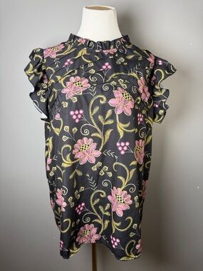 Floral Ruffle Sleeve Blouse — Black with Pink & Gold Floral Print